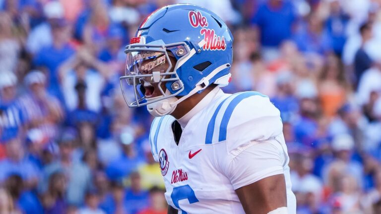 Ole Miss quarterback Trinidad Chambliss reacts after scoring a touchdown against Florida. | Ole Miss Athletics