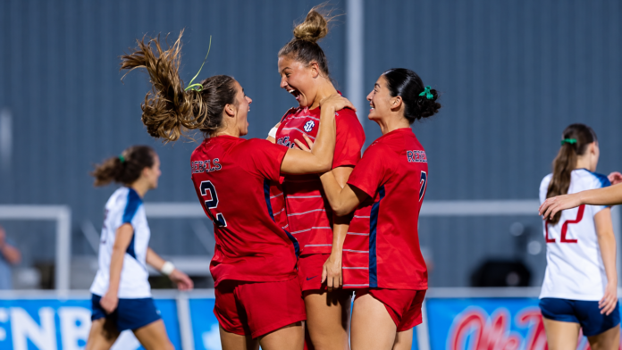 Ole Miss soccer players celebrate a goal scored against South Alabama. | Ole Miss Athletics