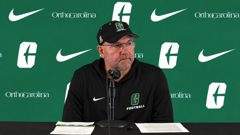 Charlotte coach Tim Alpin speaks during a press conference about Ole Miss. | Charlotte Athletics/YouTube