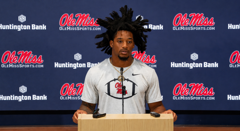 Ole Miss safety Shariff Denson talks during a game week press conference. | Ole Miss Athletics