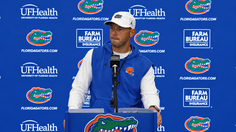 Florida coach John Sumrall talks to reporters at his Monday morning press conference. | Florida Athletics/YouTube