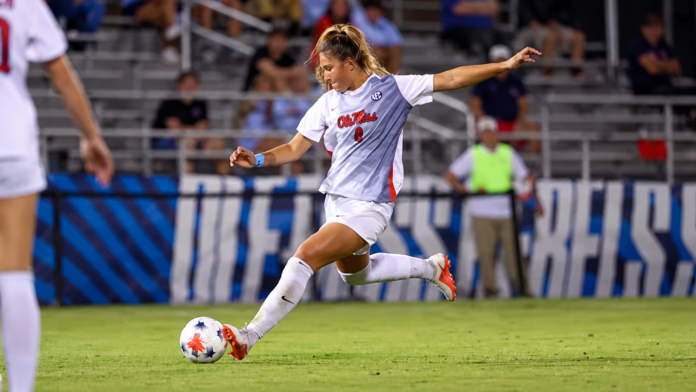 Ole Miss senior Alena Watts takes a free kick in a 4-0 loss to No. 3 Vanderbilt in Oxford. | Ole Miss Athletics
