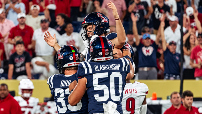 Ole Miss kicker Lucas Carneiro celebrates his game-winning field goal against Louisville. | Ole Miss Athletics