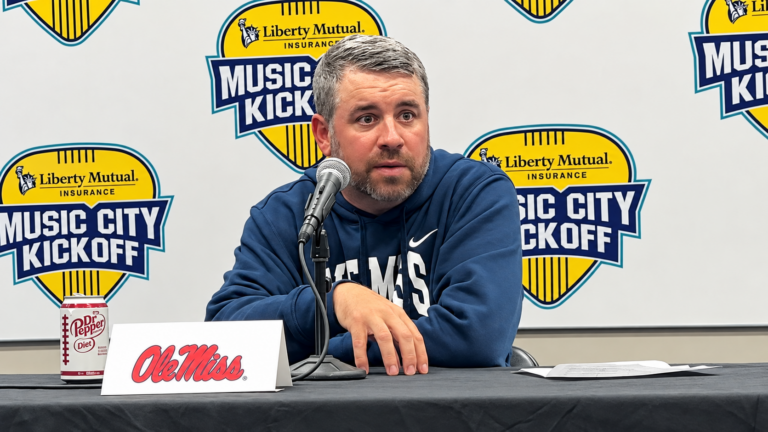 Ole Miss coach Pete Golding talks to reporters after the Rebels' 41-38 win against Louisville to start the 2026 season. | Ole Miss Athletics