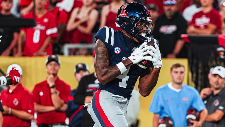 Ole Miss tight end Caleb Odom catches a touchdown pass from Trinidad Chambliss in a season-opening win against Louisville. | Ole Miss Athletics