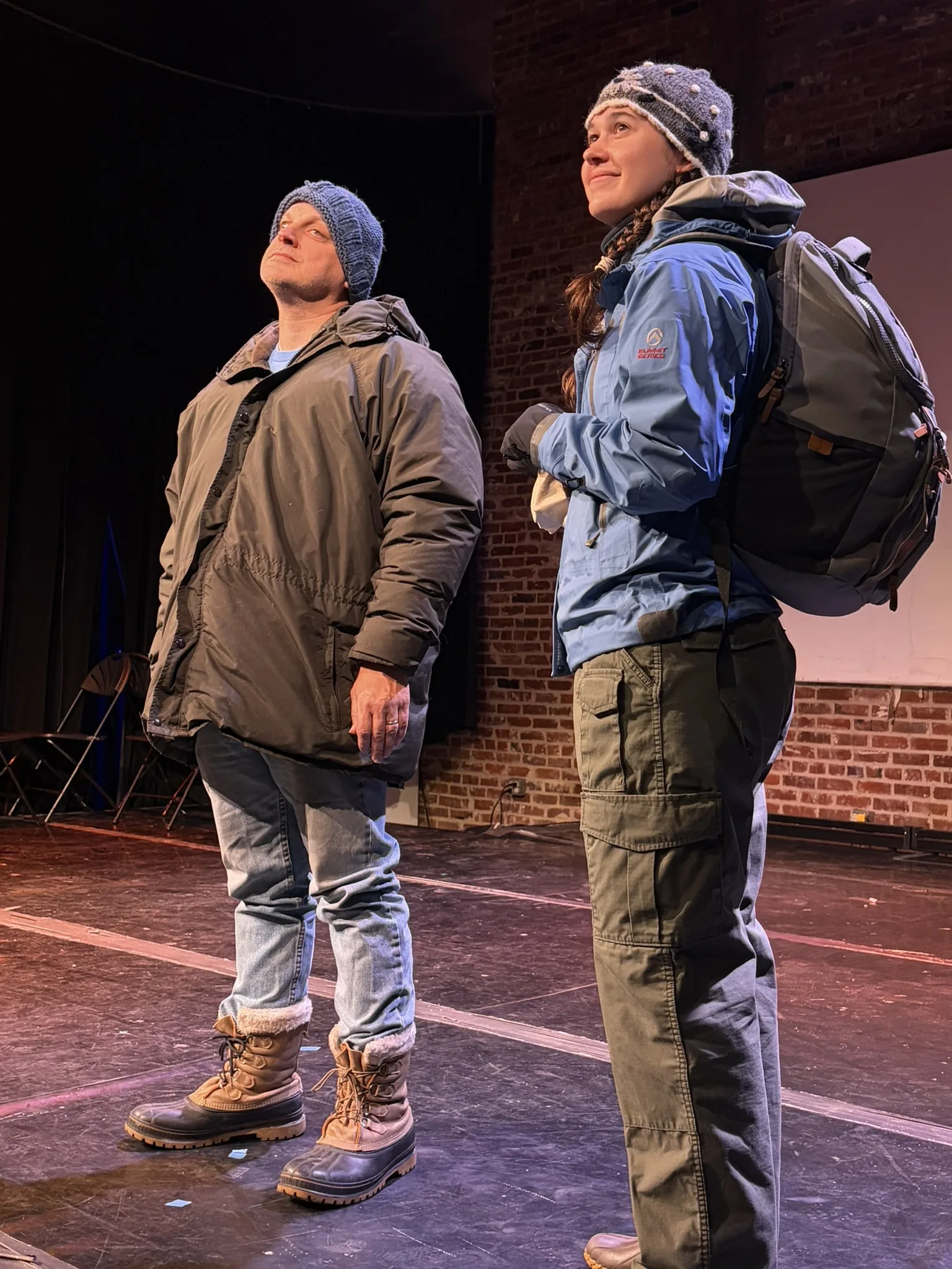 Leila Sachner and Davis Jones in winter clothing during a scene from “Almost, Maine.”