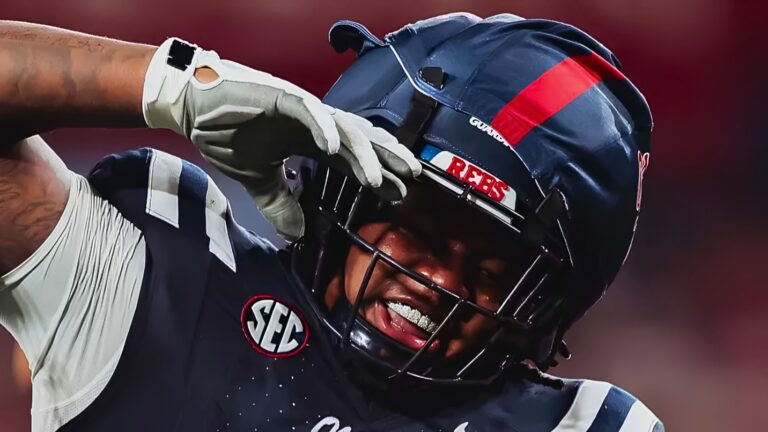 Ole Miss defensive end Kam Franklin celebrates a sack against Louisville. | Ole Miss Athletics