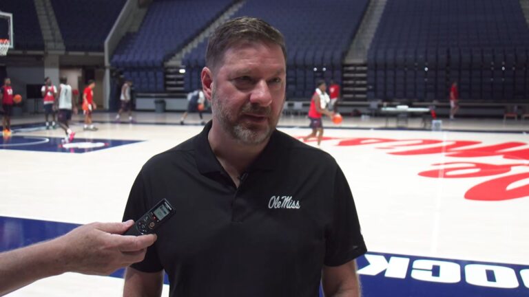 Ole Miss head coach Chris Beard talks to reporters at an open practice session Thursday in Oxford. | Ole Miss Athletics