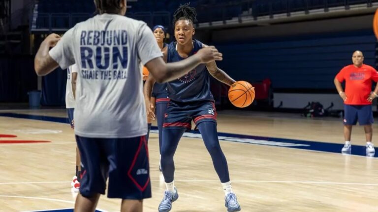 Ole Miss newcomer Talaysia Cooper dribbles during the Rebels' first practice of the fall. | Ole Miss Athletics