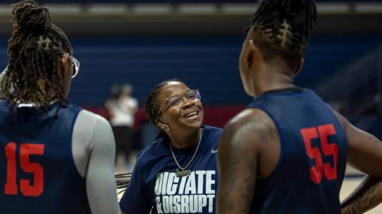 Ole Miss coach Yolett McPhee-McCuin talks to her players during the team's first practice of the fall. | Ole Miss Athletics