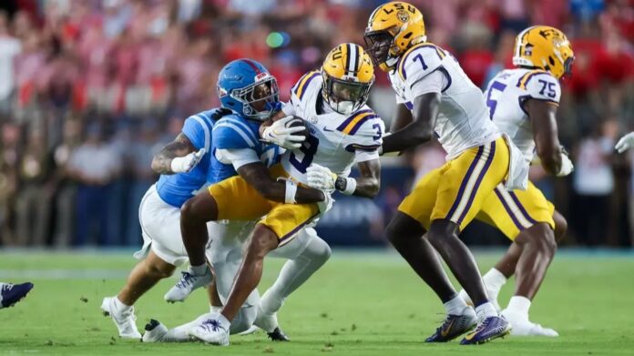 Ole Miss safety Sharif Denson records a tackle against LSU in his debut as a Rebel. | Ole Miss Athletics