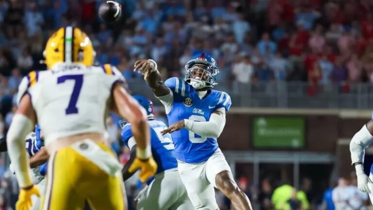 Ole Miss quarterback Trinidad Chambliss throws a pass against LSU in a 32-24 win. | Ole Miss Athletics