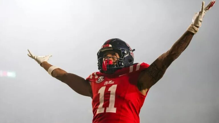 Ole Miss wide receiver Horatio Fields celebrates his touchdown reception against Charlotte. | Ole Miss Athletics