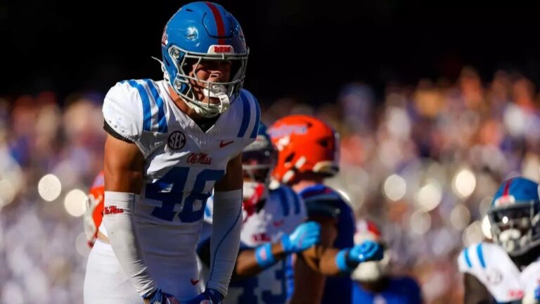 Ole Miss linebacker Mark Trigg Jr. reacts after a play against Florida. | Ole Miss Athletics