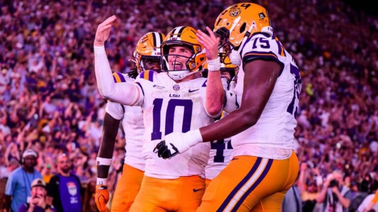 LSU quarterback Sam Leavitt celebrates a touchdown with teammates against Clemson. | LSU Athletics