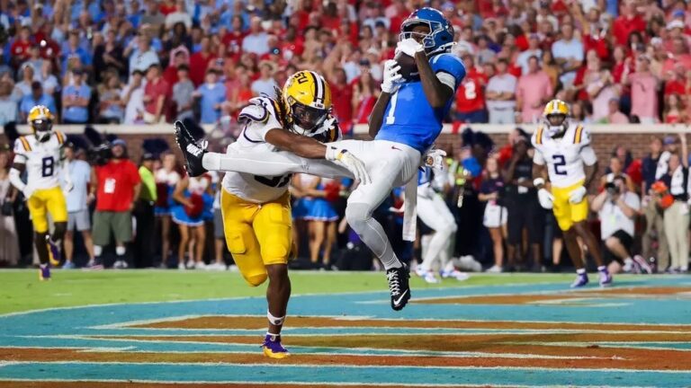 Ole Miss receiver Deuce Alexander makes a touchdown catch against LSU at Baugh-Hemingway Stadium. | Ole Miss Athletics