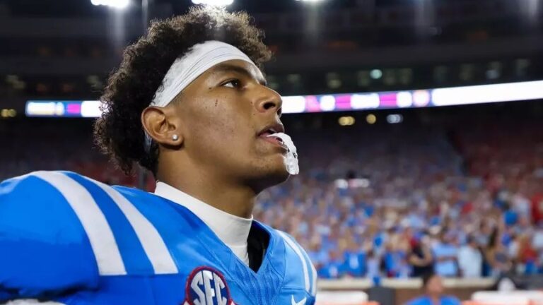 Ole Miss quarterback Trinidad Chambliss looks towards the video screen inside Vaught-Hemingway Stadium against LSU. | Ole Miss Athletics