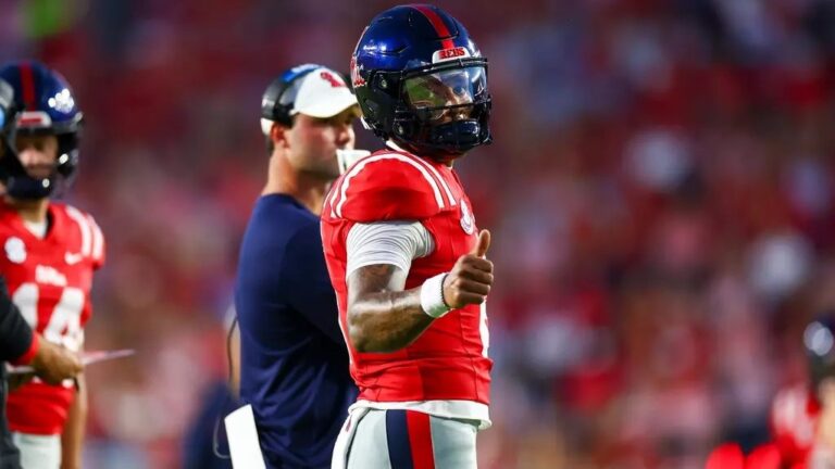 Ole Miss quarterback Trinidad Chambliss gives a thumbs up against Charlotte. | Ole Miss Athletics
