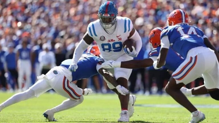 Ole Miss wide receiver Jordan Smart fights off defenders in the Rebels 24-17 loss to Florida in 2024. | Ole Miss Athletics