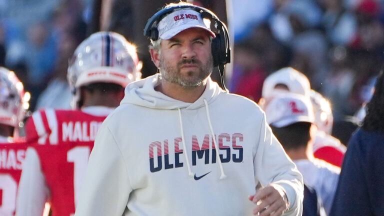 Ole Miss head coach Pete Golding walks down the sideline during the Rebels' 31-3 win against Missouri. | Hudson Miller/HottyToddy Images