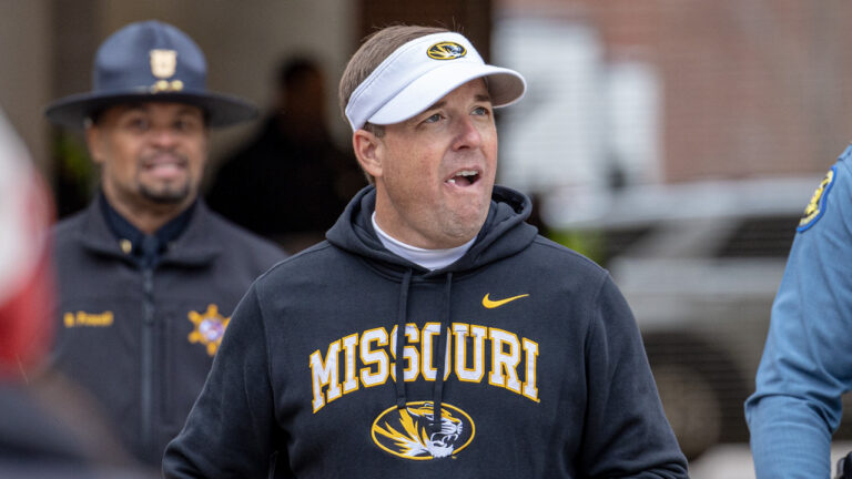 Missouri Tigers coach Eli Drinkwitz during game against the Arkansas Razorbacks at Razorback Stadium