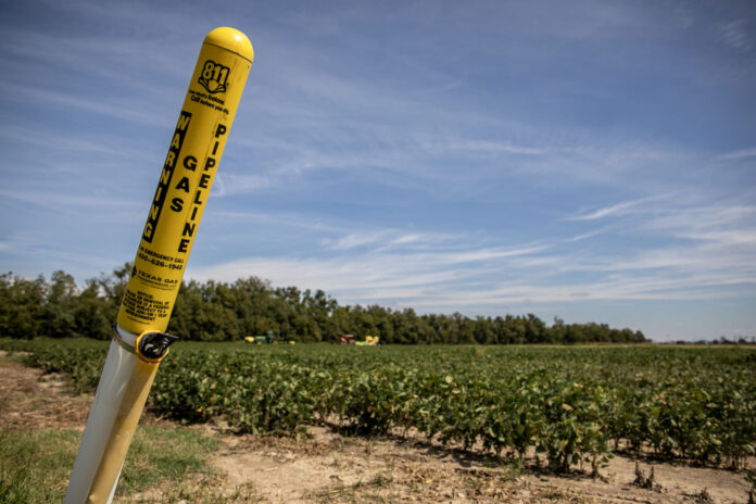 A pipeline marker is seen in Isola on Thursday, Sept. 24, 2026. Credit: Eric Shelton/Mississippi Today