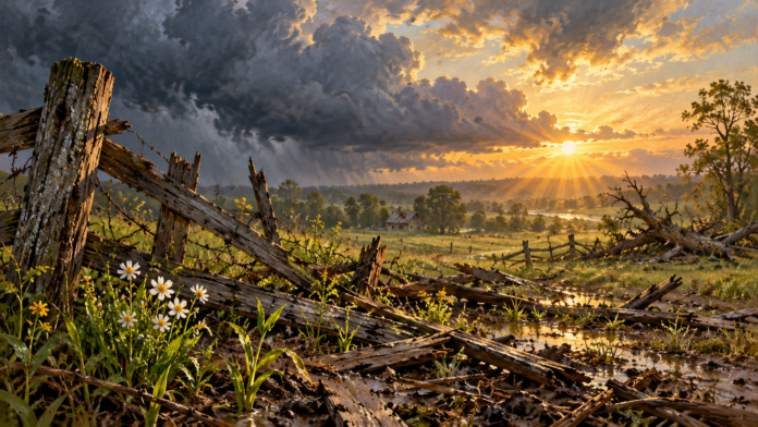 Storm-damaged rural landscape with broken fencing, wildflowers and sunlight breaking through dark clouds at dawn.