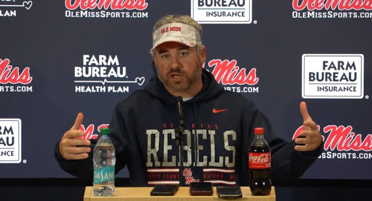 Ole Miss head coach Pete Golding speaks during his post-game press conference after the Rebels' 31-3 win over Missouri. | Ole Miss Athletics/YouTube