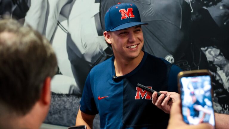 New Ole Miss pitcher Eli Pillsbury talks to reporters about fall practices. | Ole Miss Athletics
