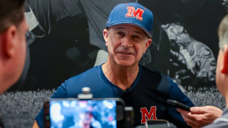 Ole Miss baseball coach Mike Bianco speaks to reporters at a fall practice media availability. | Ole Miss Athletics