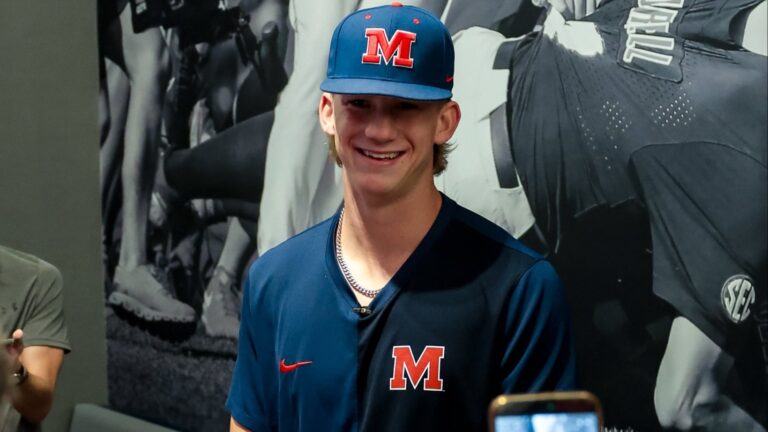 New Ole Miss catcher Brady Dallimore talks to reporters at fall practice media availability. | Ole Miss Athletics