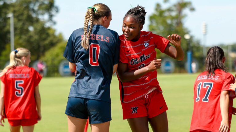 Ole Miss goalie Anna Claire Jacobi and Alena Watts before a SEC soccer match against Texas. | Ole Miss Athletics