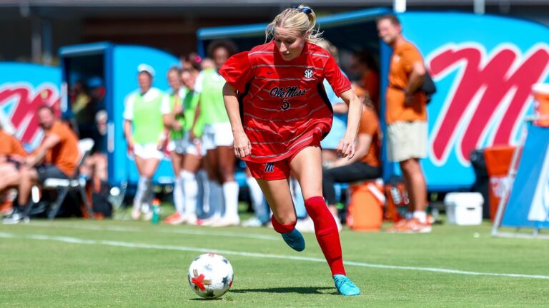 Ole Miss senior Evie Ewing dribbles in a match against Texas. | Ole Miss Athletics