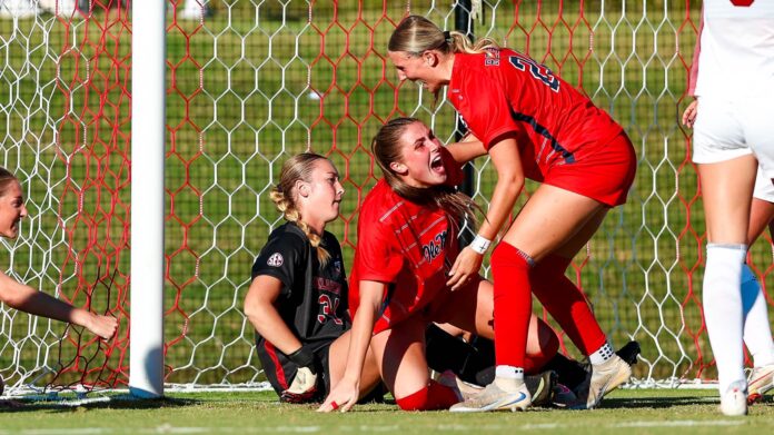 Ole Miss' Maizy Kluksdal reacts after scoring her first career goal against Oklahoma. | Ole Miss Athletics