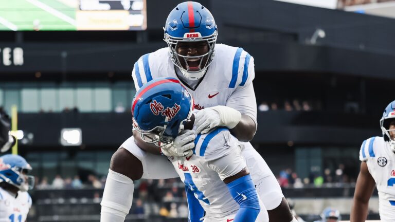 Suntarine Perkins celebrates his defensive touchdown against Vanderbilt. | Ole Miss Athletics