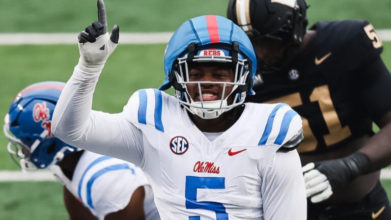 Ole Miss defensive end Kam Franklin reacts to a defensive stop against Vanderbilt. | Ole Miss Athletics