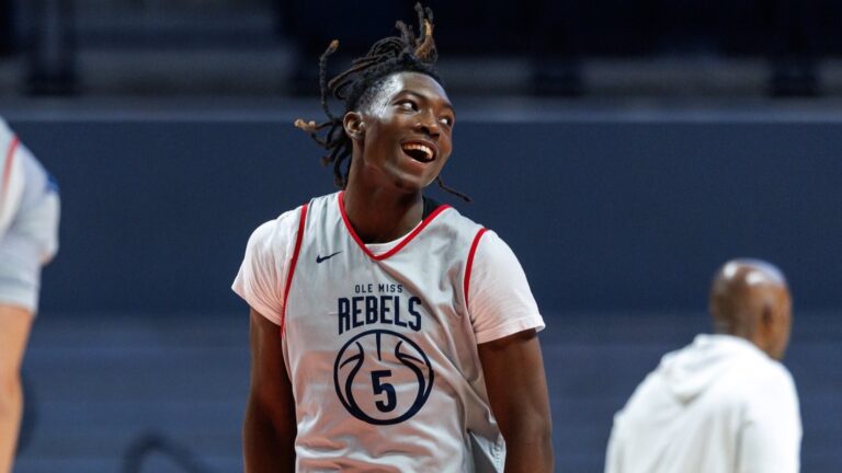 Ole Miss freshman Jaron Saulsberry smiles during a preseason practice. | Ole Miss Athletics