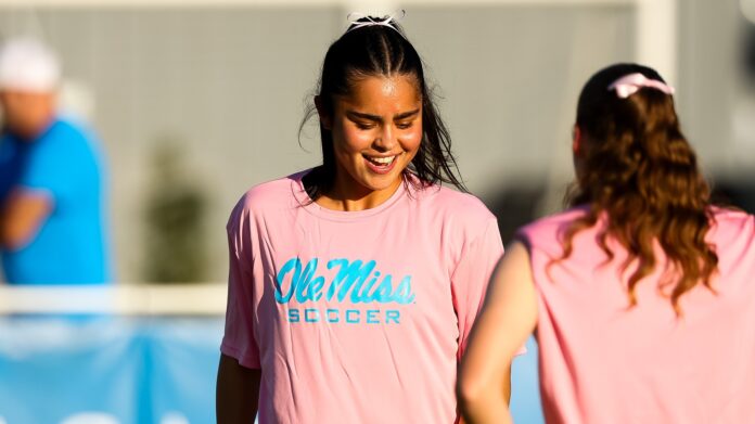 Ole Miss soccer players wore pink for Thursday night's match against Missouri. | Ole Miss Athletics