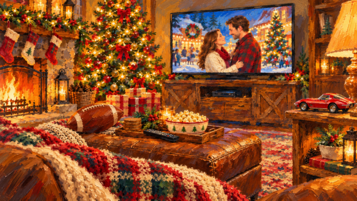 Painted Christmas living room with a Hallmark-style movie on TV, football on the ottoman, popcorn, and a red Corvette model.