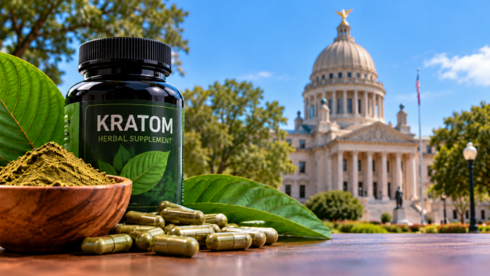 Kratom supplement bottle, powder, capsules, and green leaves displayed in front of the Mississippi State Capitol building.