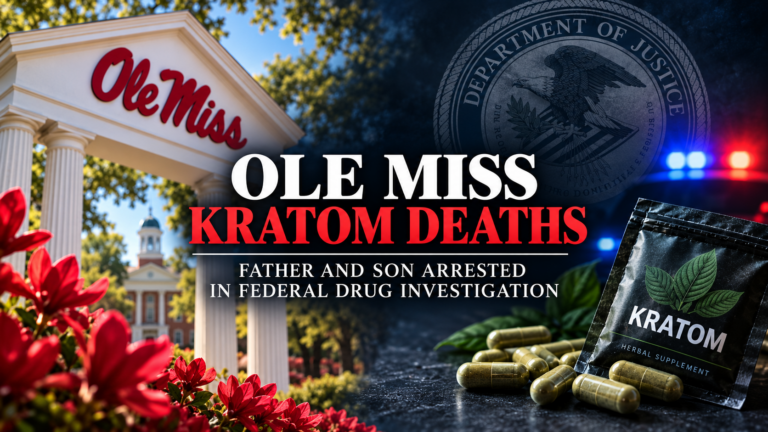 Graphic illustrating the Ole Miss kratom investigation with campus imagery, kratom capsules, police lights and a Department of Justice seal.