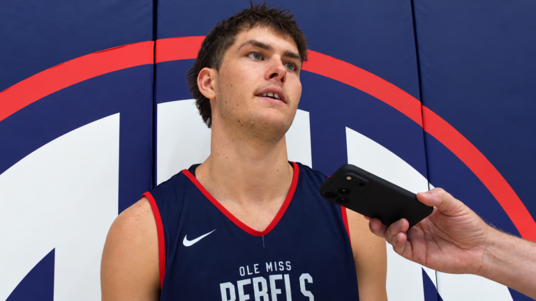 Ole Miss guard Ben Henshall talks to reporters after the NCAA cleared his eligibility to play the next two seasons. | Ole Miss Athletics