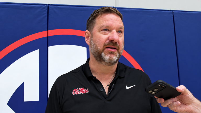 Ole Miss coach Chris Beard talks to reporters during a media availability session. | Ole Miss Athletics/YouTube