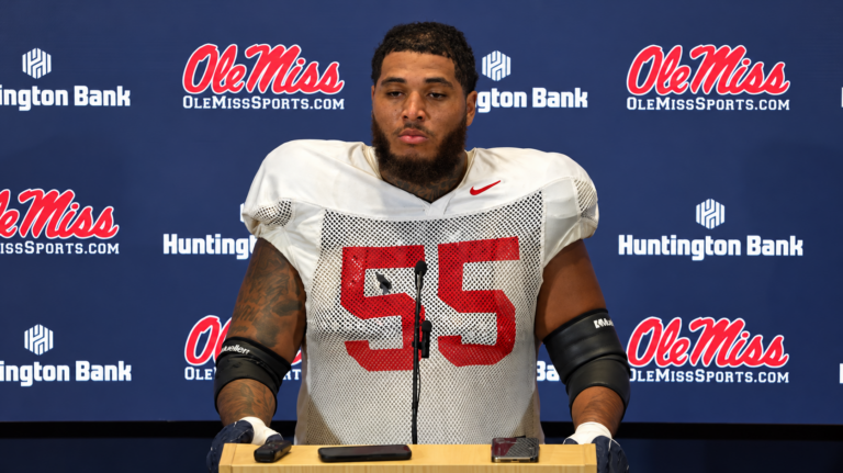 Ole Miss left tackle Terez Davis talks to reporters during a press conference. | Ole Miss Athletics/YouTube