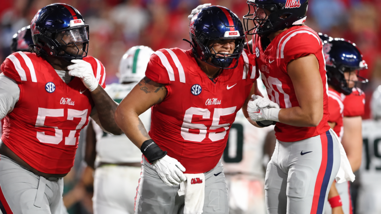 Ole Miss offensive lineman Connor Howes smiles after a play against Charlotte. | Ole Miss Athletics