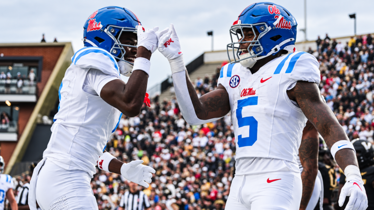Ole Miss wide receiver Deuce Alexander and running back Kewan Lacy celebrate a big play against Vanderbilt. | Ole Miss Athletics