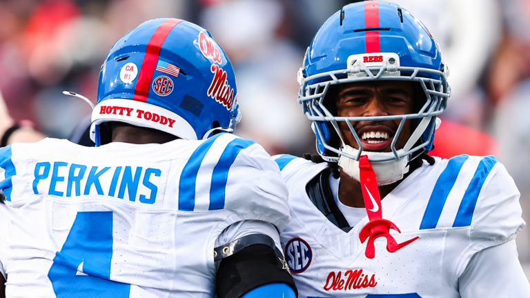 Ole Miss cornerback Isreal Solomon and Suntarine Perkins celebrate a defensive play against Vanderbilt. | Ole Miss Athletics