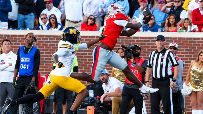 Ole Miss wide receiver Caleb Cunningham hauls in his first collegiate touchdown against Missouri. | Ole Miss Athletics