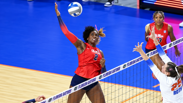 Ole Miss freshman Ryea Jackson spikes the ball in Sunday's match against Florida. | Ole Miss Athletics