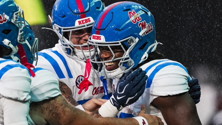 Ole Miss running back Shekai Mills-Knight celebrates his first career rushing touchdown against Vanderbilt. | Ole Miss Athletics